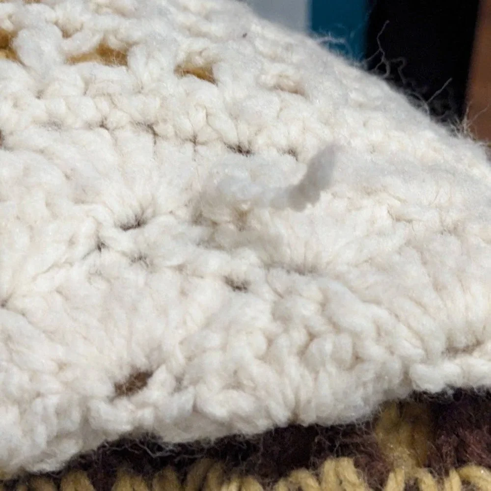 Vintage Handmade Crochet Afghan Blanket Striped Brown Yellow Cream Throw
